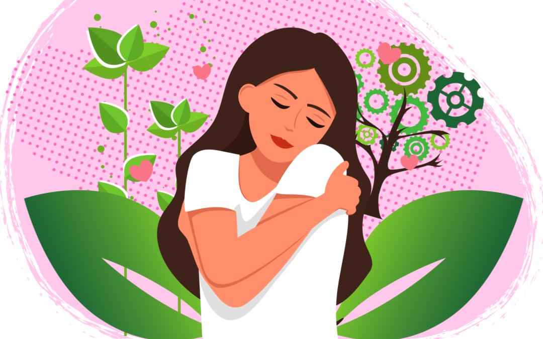 Illustration of a woman hugging herself