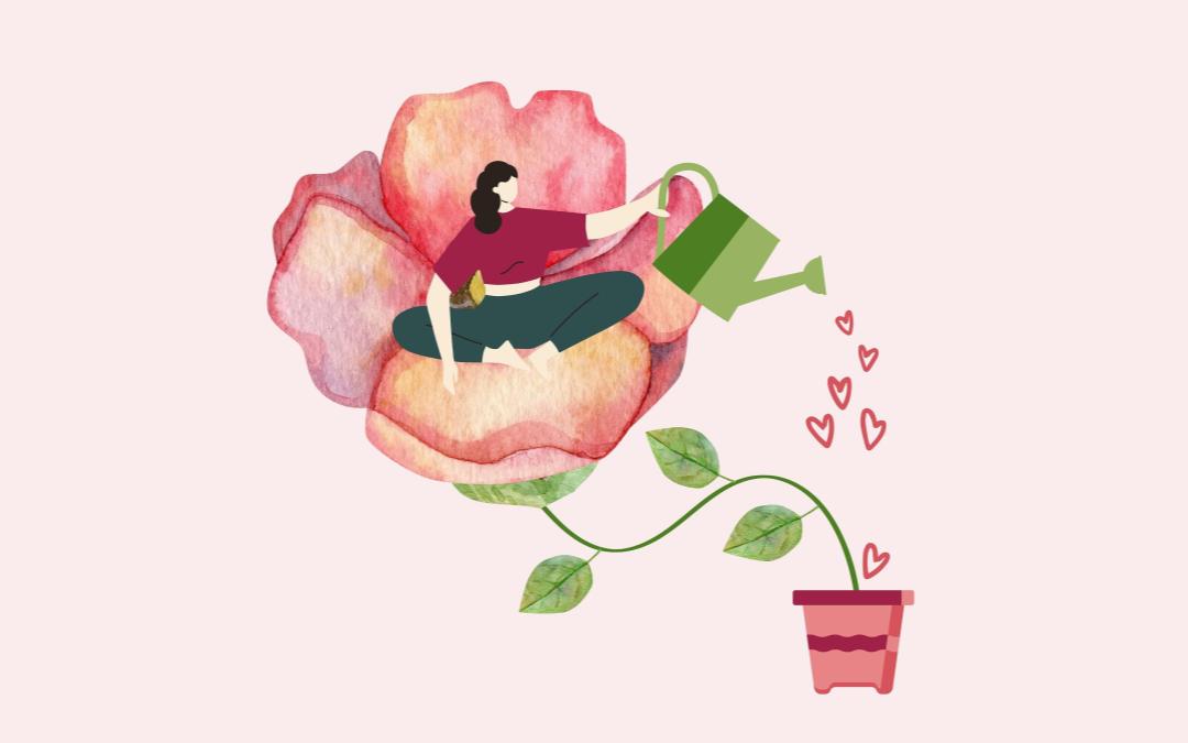 Watercolor Illustration of a rose and woman with watering can